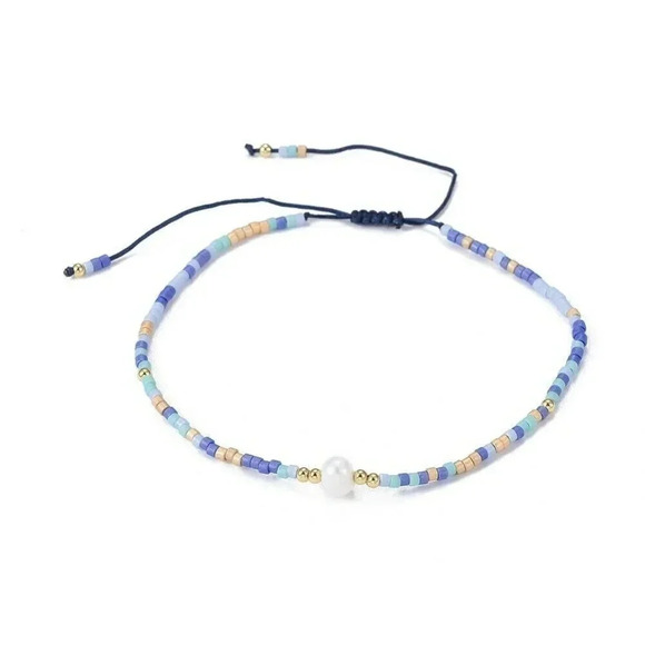 Handcrafted Real Freshwater Pearl Blue Multi Japanese Glass Beads Bracelet - Picture 2 of 3